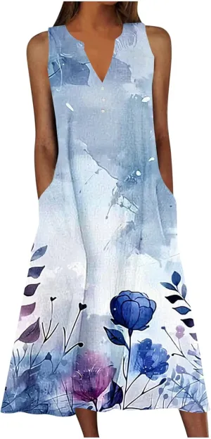 Sun Dresses for Women 2025 Vacation Plus Size Casual Sleeveless Cotton Linen Boho Flowers Print Flowy Dress