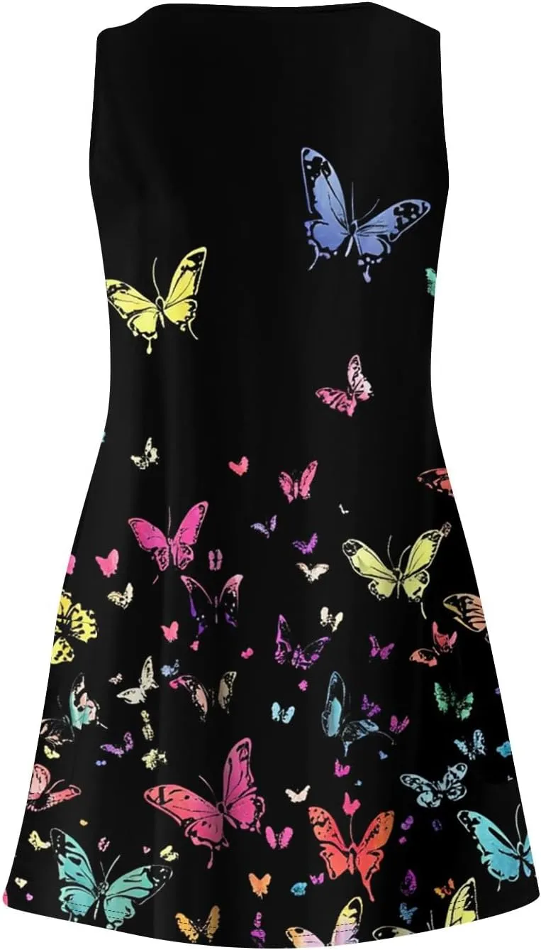 Sun Dresses Women Summer Casual V Neck Sundresses Boho Tank Dress Beach Vacation Clothes with Pockets