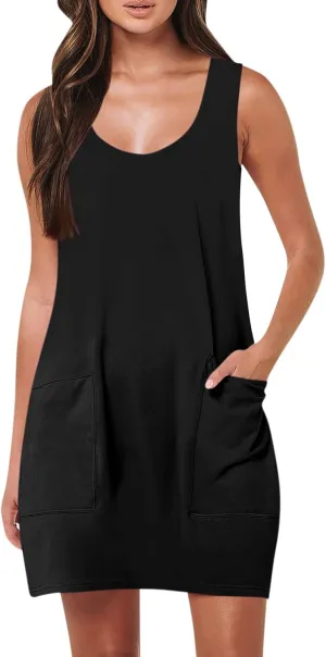 Sundresses for Women 2024 Sleeveless Solid Color Front Pocket Tank Dresses 2024 Summer Boho Beach Mini Dresses