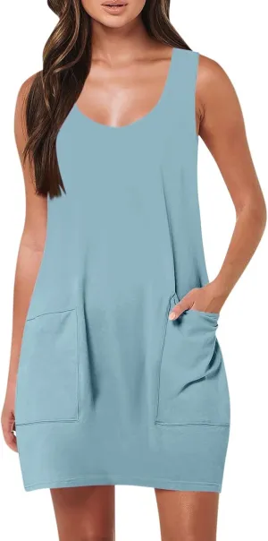 Sundresses for Women 2024 Sleeveless Solid Color Front Pocket Tank Dresses 2024 Summer Boho Beach Mini Dresses