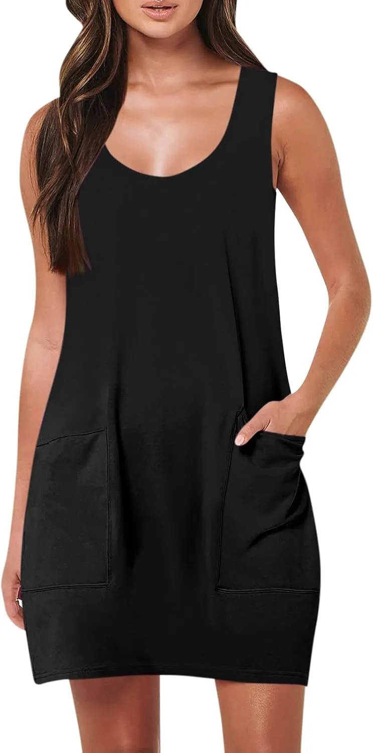 Sundresses for Women 2024 Sleeveless Solid Color Front Pocket Tank Dresses 2024 Summer Boho Beach Mini Dresses