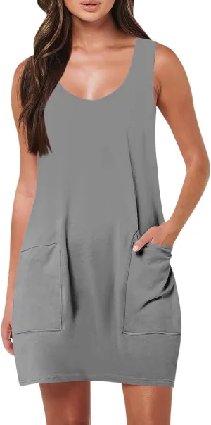 Sundresses for Women 2024 Sleeveless Solid Color Front Pocket Tank Dresses 2024 Summer Boho Beach Mini Dresses