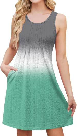 Sundresses for Women Scoop Neck Sleeveless Tank Dress Tie Dye Mini A Line Summer Beach Vacation Dresses with Pocket