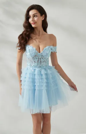 Sweetheart-Neck Off Shoulder Sleeve Sequins Appliqud Cross Strap Cake Mini Dresses