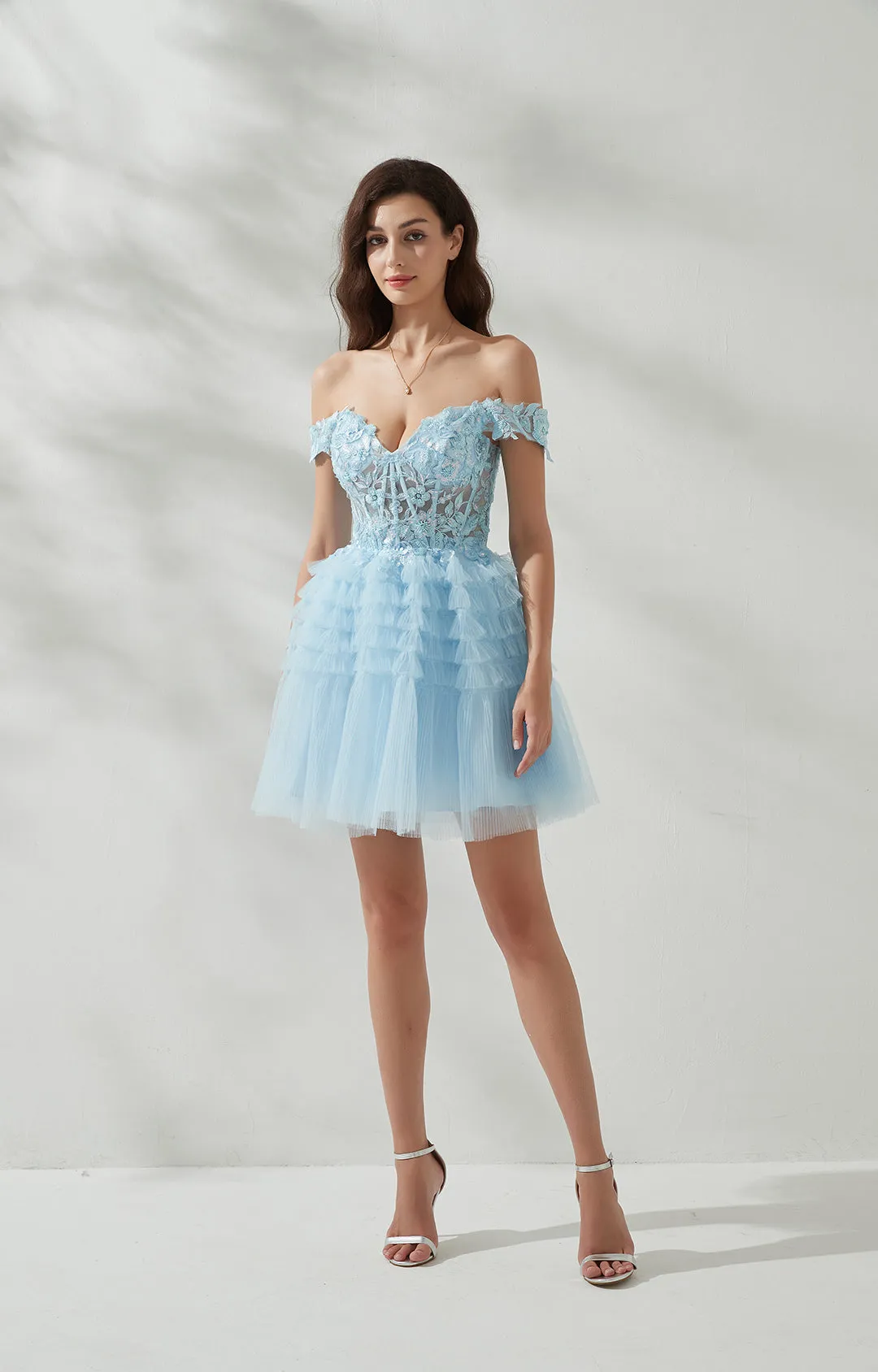 Sweetheart-Neck Off Shoulder Sleeve Sequins Appliqud Cross Strap Cake Mini Dresses