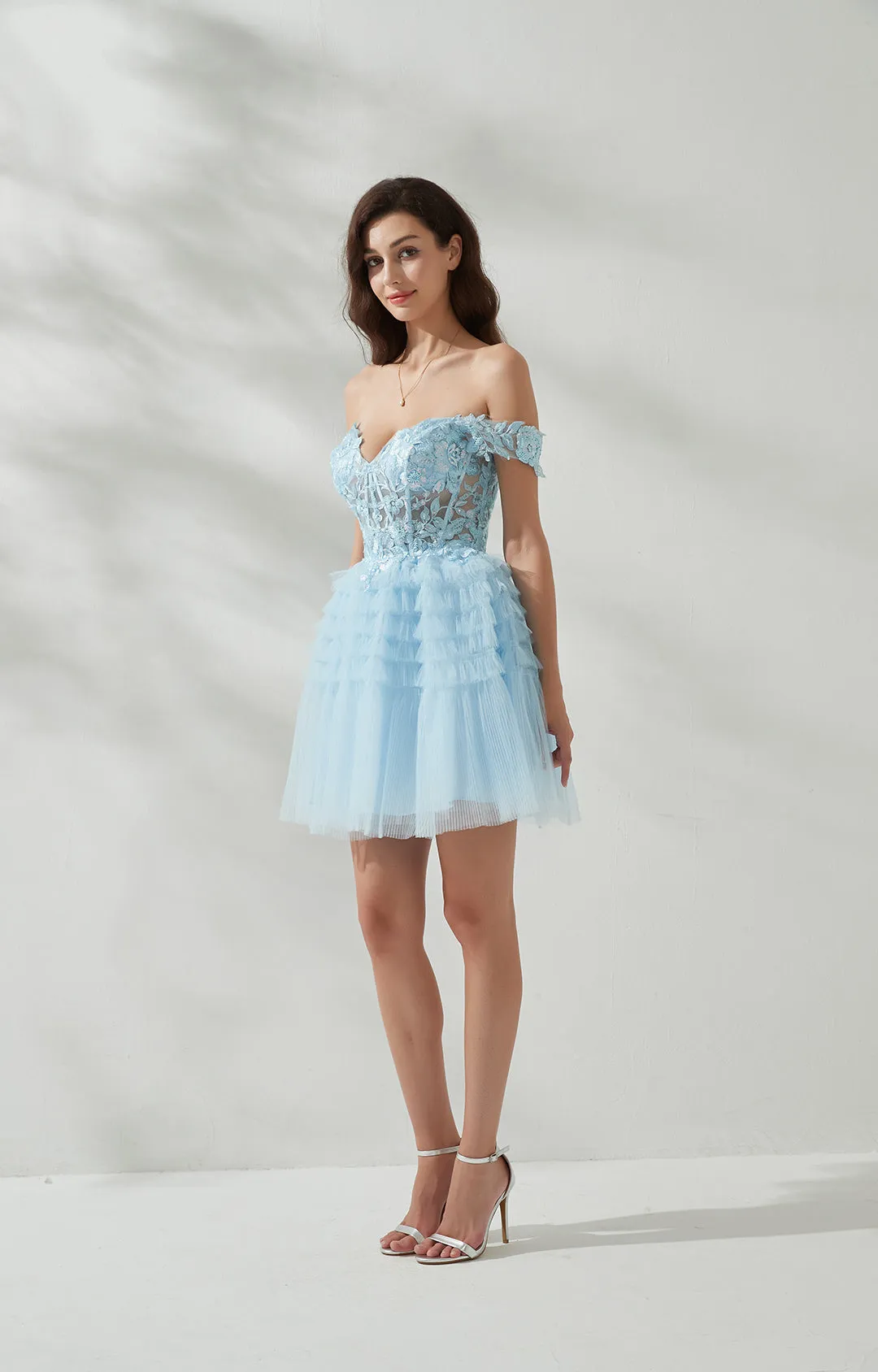 Sweetheart-Neck Off Shoulder Sleeve Sequins Appliqud Cross Strap Cake Mini Dresses