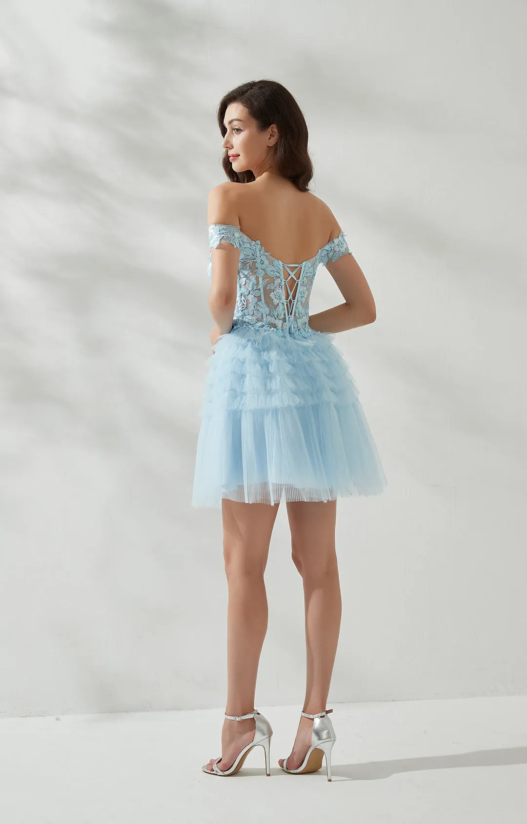 Sweetheart-Neck Off Shoulder Sleeve Sequins Appliqud Cross Strap Cake Mini Dresses