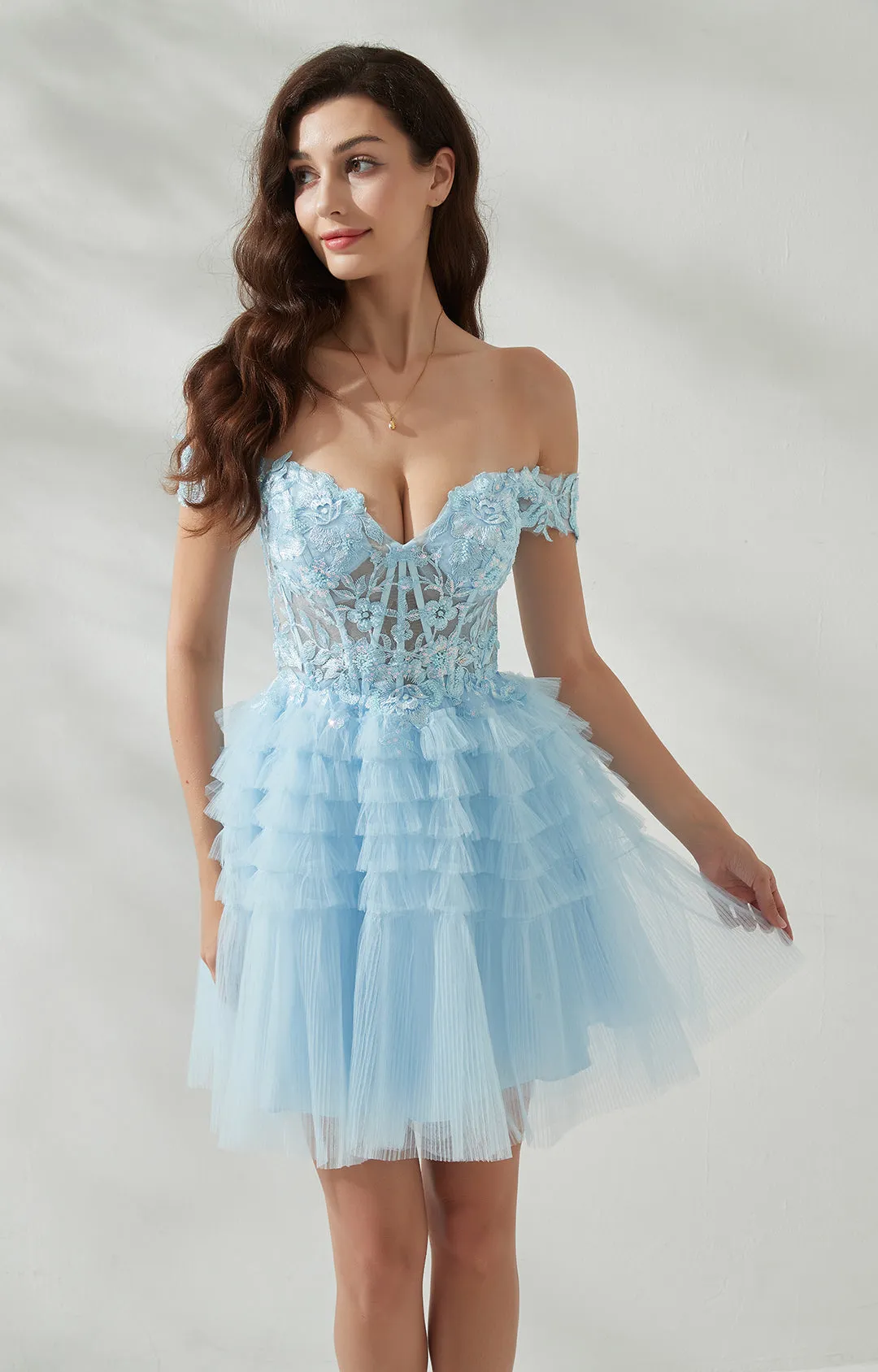 Sweetheart-Neck Off Shoulder Sleeve Sequins Appliqud Cross Strap Cake Mini Dresses