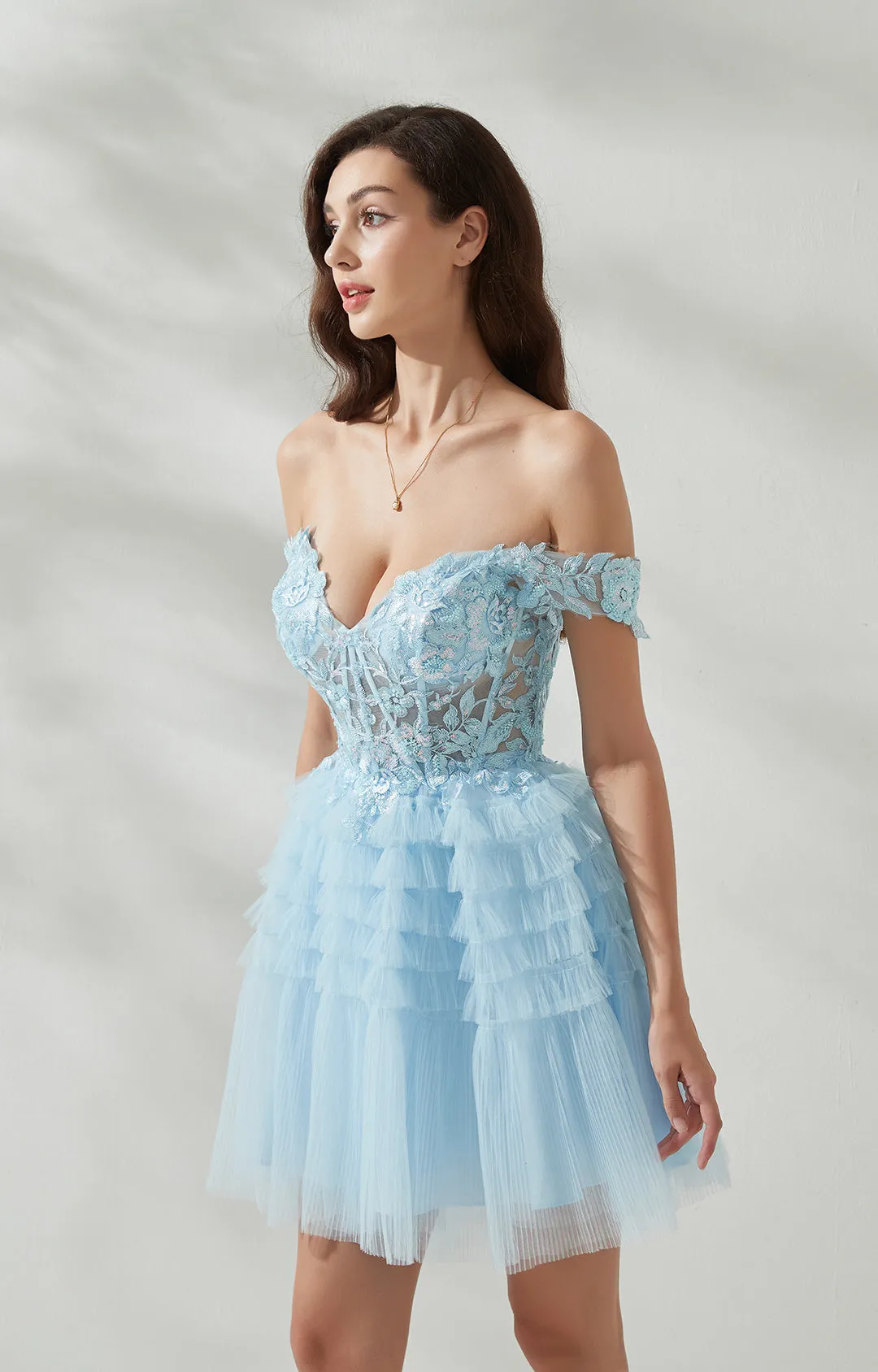Sweetheart-Neck Off Shoulder Sleeve Sequins Appliqud Cross Strap Cake Mini Dresses