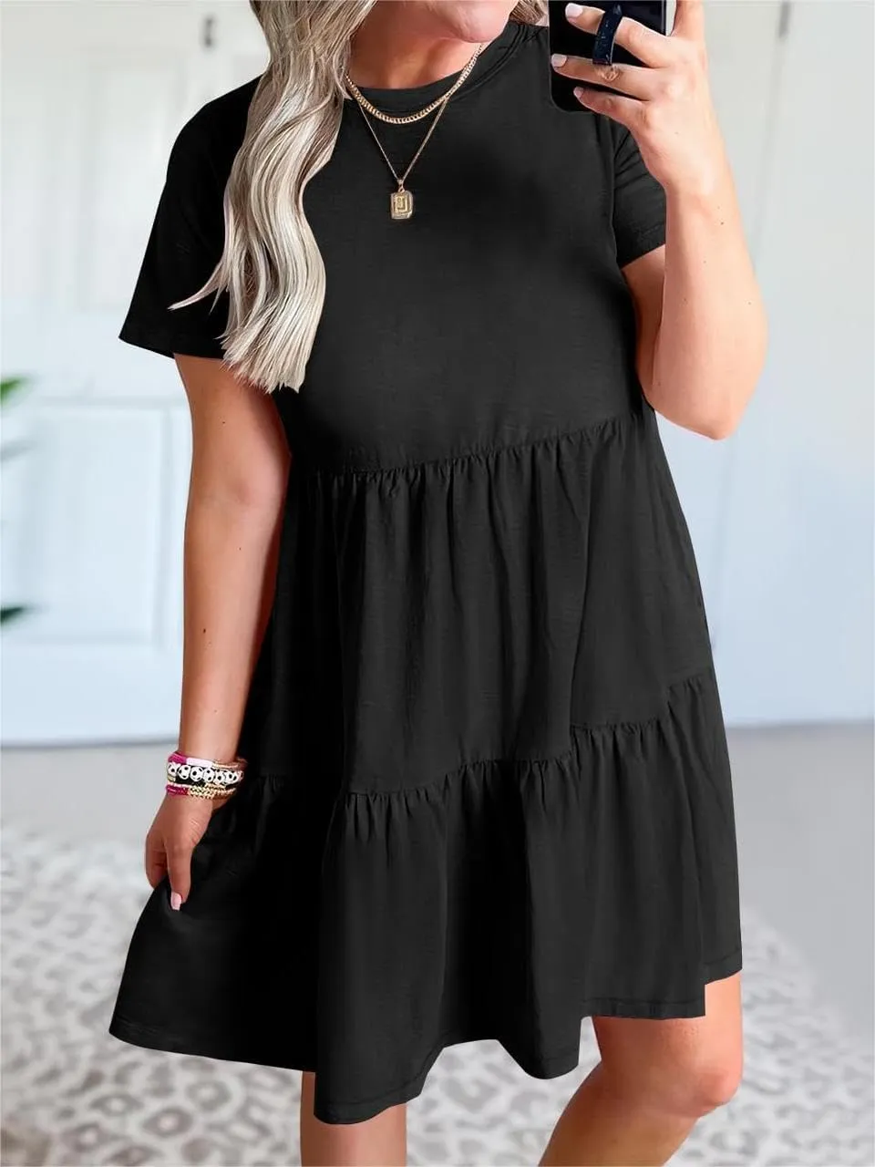 T Shirt Dress Women Summer Casual Short Sleeve Crewneck Mini Tshirt Dresses Loose Flowy Tiered Short Dress with Pockets
