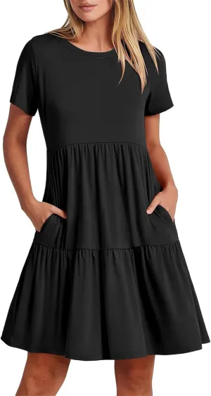 T Shirt Dress Women Summer Casual Short Sleeve Crewneck Mini Tshirt Dresses Loose Flowy Tiered Short Dress with Pockets