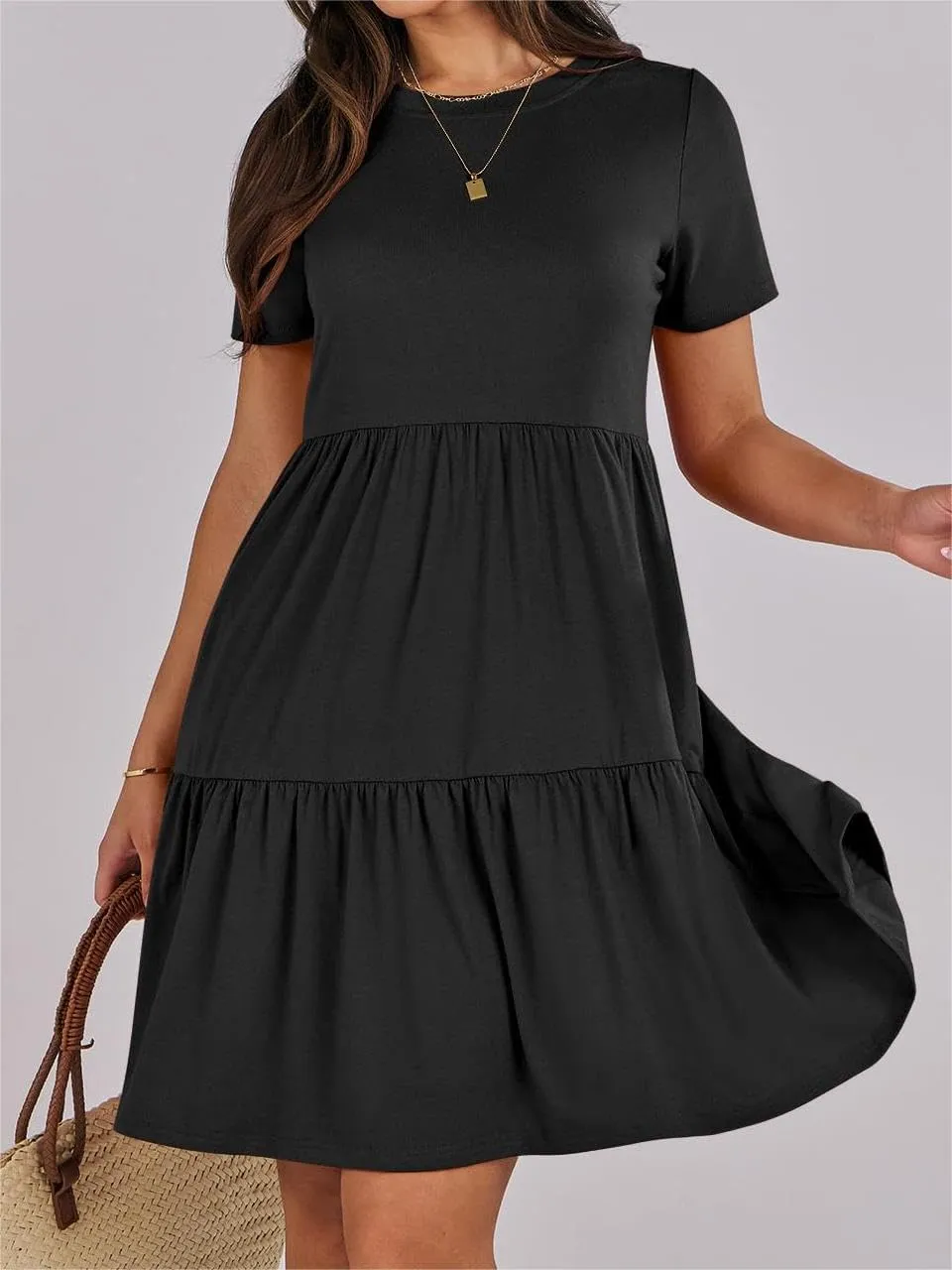 T Shirt Dress Women Summer Casual Short Sleeve Crewneck Mini Tshirt Dresses Loose Flowy Tiered Short Dress with Pockets