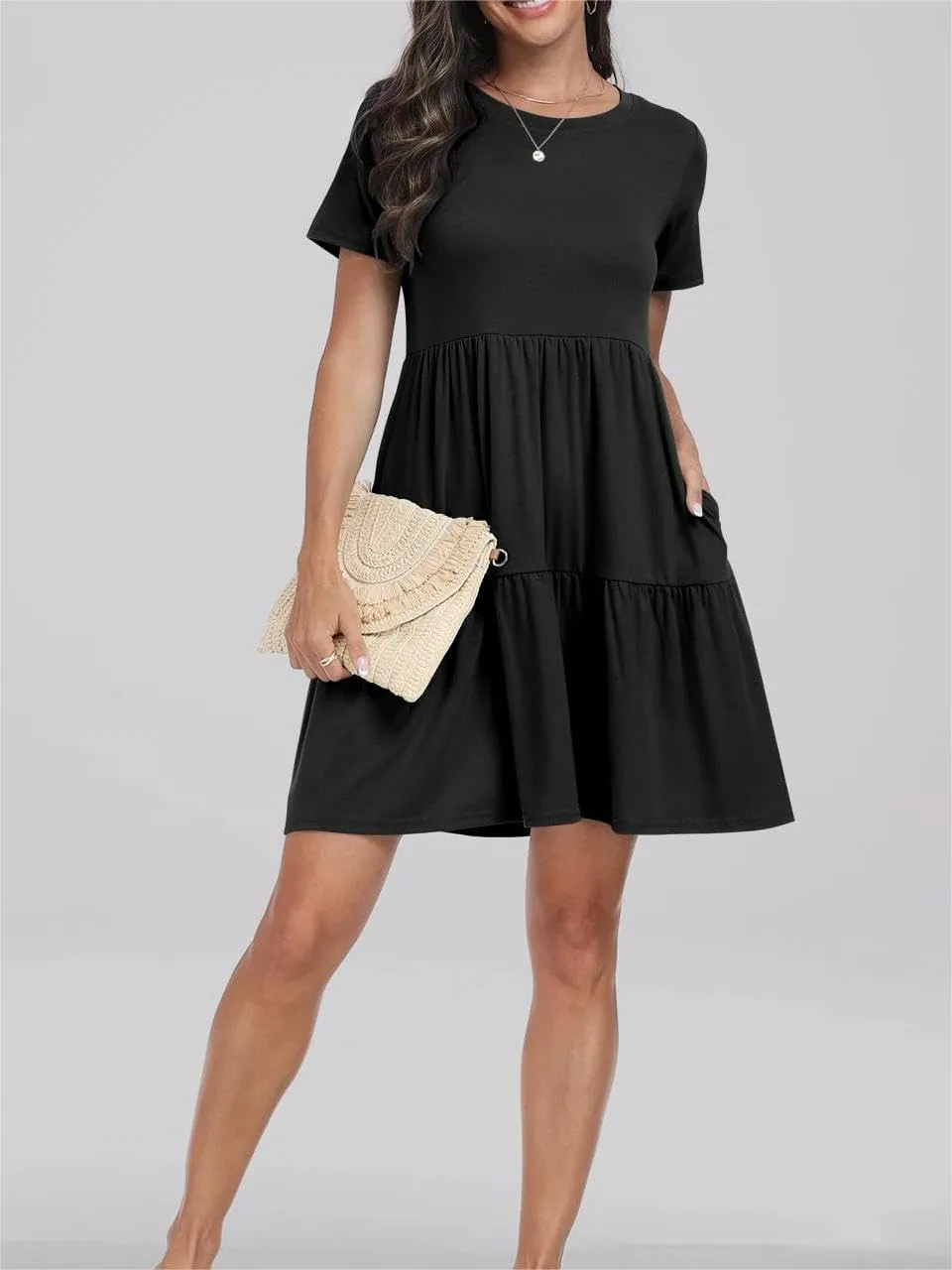 T Shirt Dress Women Summer Casual Short Sleeve Crewneck Mini Tshirt Dresses Loose Flowy Tiered Short Dress with Pockets