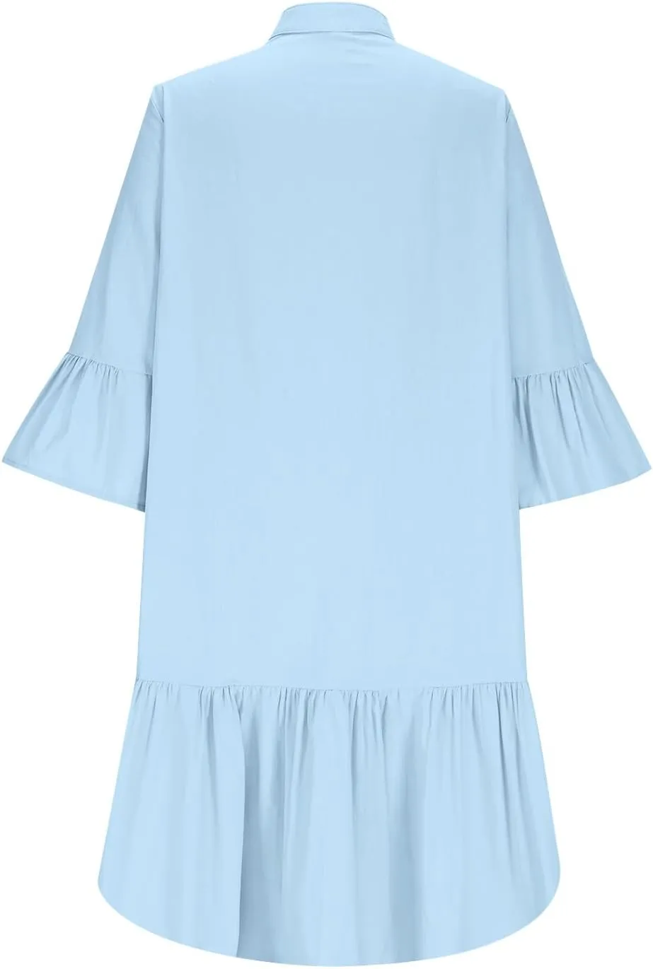 TANGNADE Beach Dresses for Women 2025 Vacation 3/4 Sleeve Summer Button Down V Neck Flowy Loose Casual Beach Dress