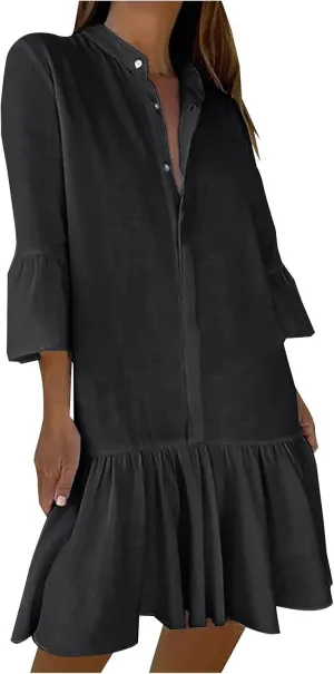 TANGNADE Beach Dresses for Women 2025 Vacation 3/4 Sleeve Summer Button Down V Neck Flowy Loose Casual Beach Dress