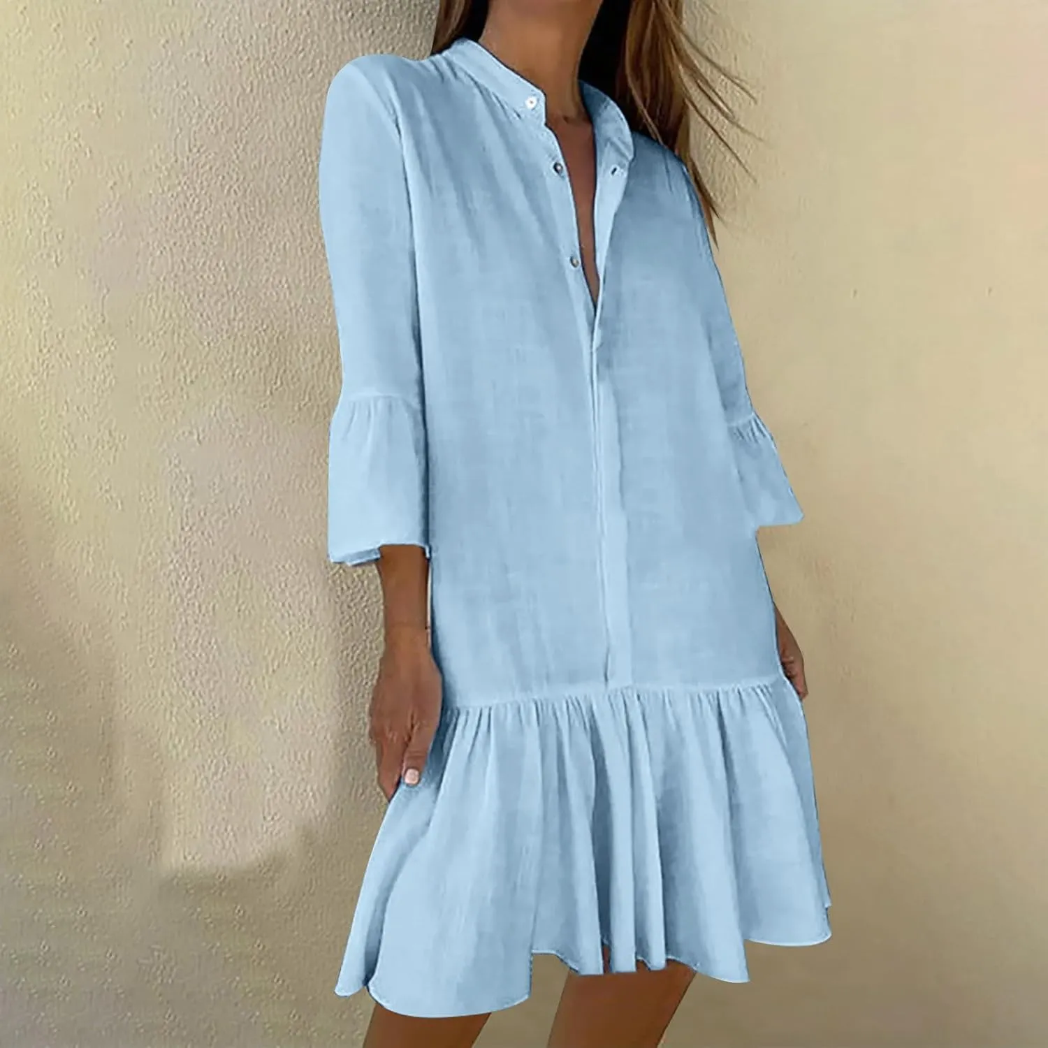 TANGNADE Beach Dresses for Women 2025 Vacation 3/4 Sleeve Summer Button Down V Neck Flowy Loose Casual Beach Dress