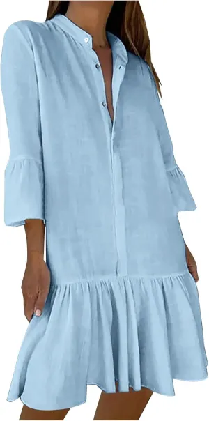 TANGNADE Beach Dresses for Women 2025 Vacation 3/4 Sleeve Summer Button Down V Neck Flowy Loose Casual Beach Dress