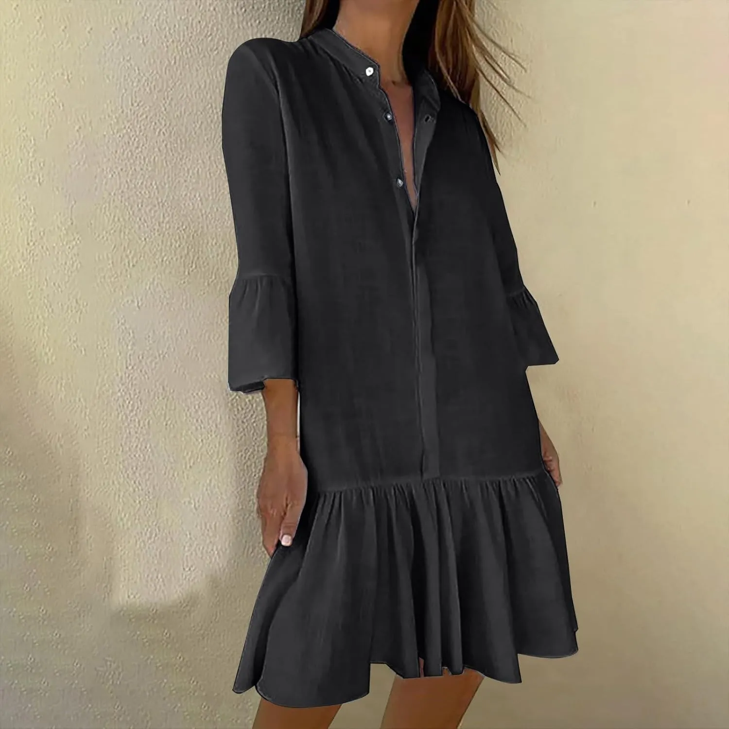 TANGNADE Beach Dresses for Women 2025 Vacation 3/4 Sleeve Summer Button Down V Neck Flowy Loose Casual Beach Dress