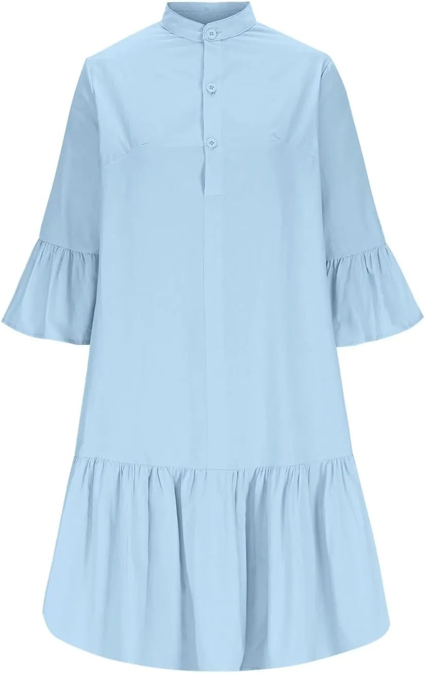 TANGNADE Beach Dresses for Women 2025 Vacation 3/4 Sleeve Summer Button Down V Neck Flowy Loose Casual Beach Dress