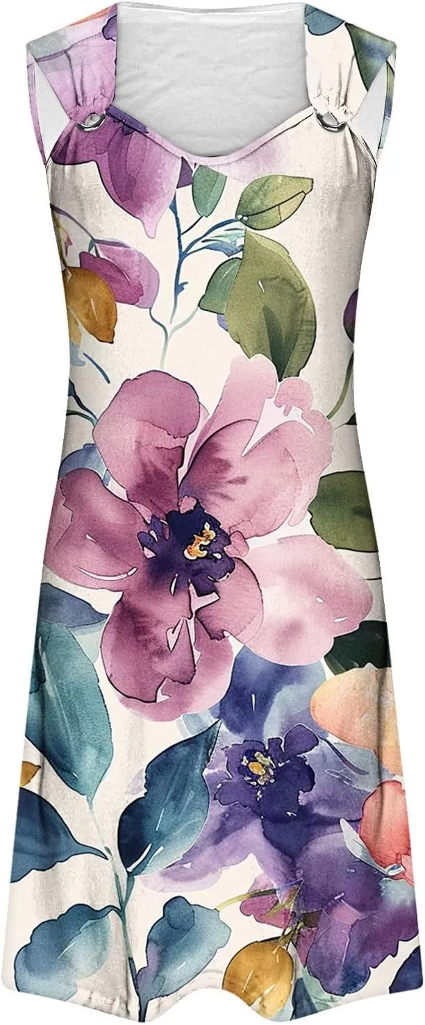 TANGNADE Summer Dresses for Women 2024 Trendy Boho Floral Print Beach Tank Dresses Casual Sleeveless Sundresses