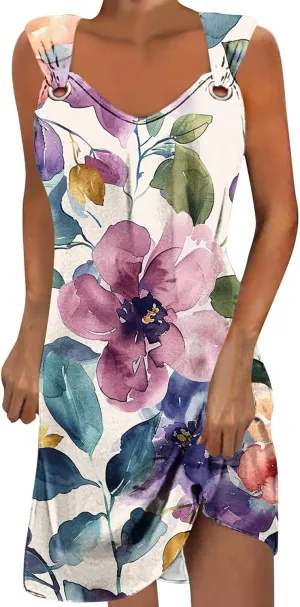 TANGNADE Summer Dresses for Women 2024 Trendy Boho Floral Print Beach Tank Dresses Casual Sleeveless Sundresses