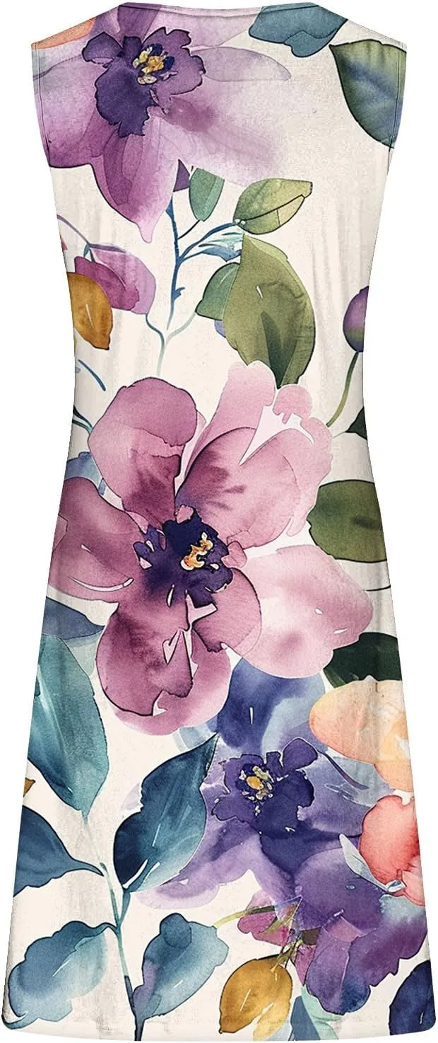 TANGNADE Summer Dresses for Women 2024 Trendy Boho Floral Print Beach Tank Dresses Casual Sleeveless Sundresses