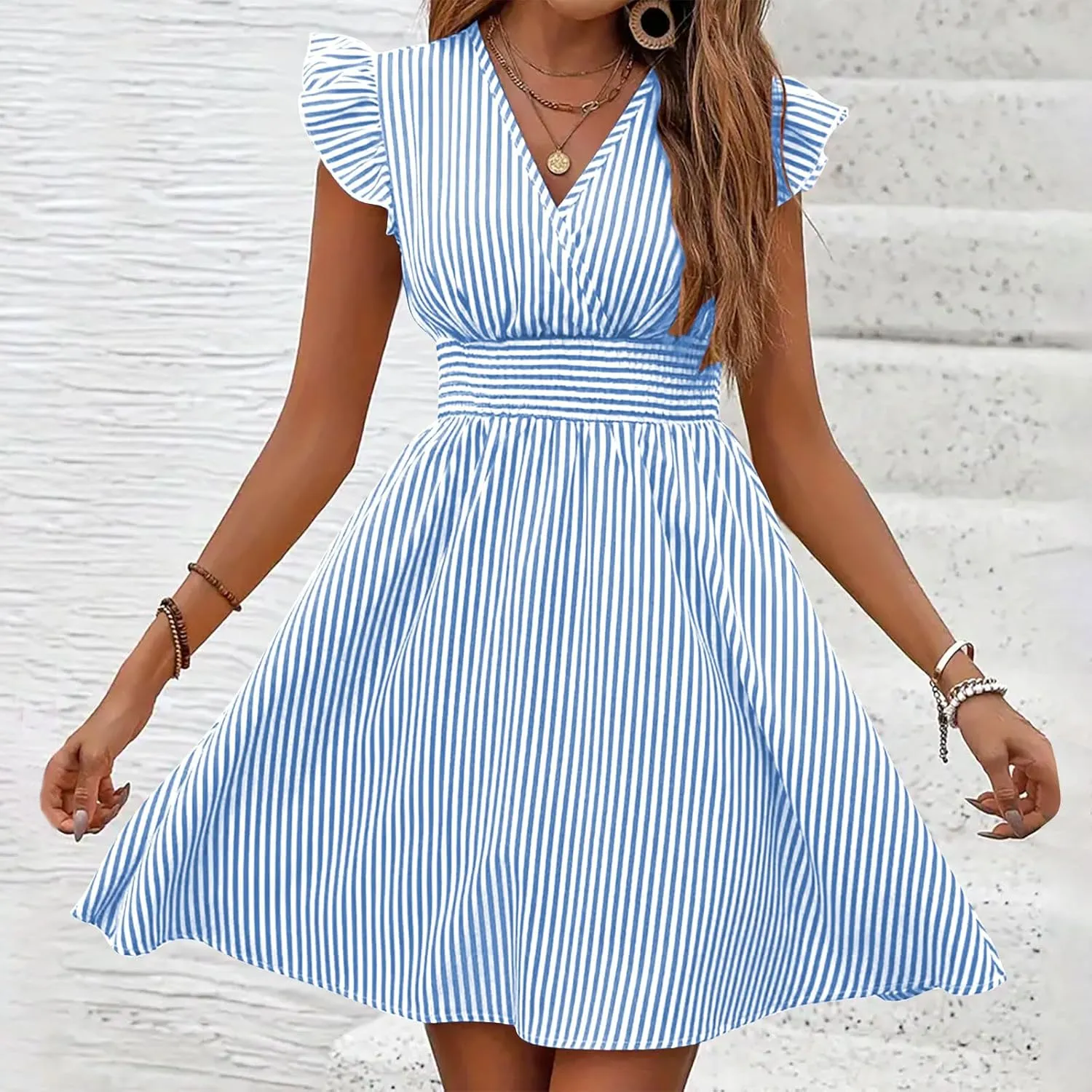 TANGNADE Women's Summer Midi Dress Striped Short Sleeve V Neck T Shirt Dresses Loose A Line Flowy Casual Beach Sundress