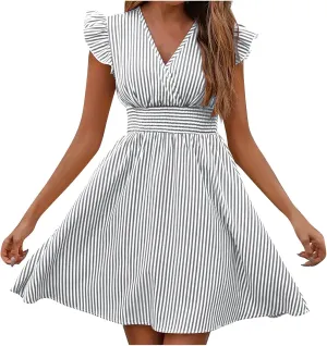 TANGNADE Women's Summer Midi Dress Striped Short Sleeve V Neck T Shirt Dresses Loose A Line Flowy Casual Beach Sundress
