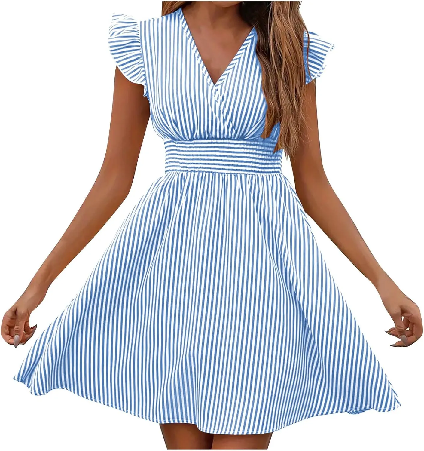 TANGNADE Women's Summer Midi Dress Striped Short Sleeve V Neck T Shirt Dresses Loose A Line Flowy Casual Beach Sundress
