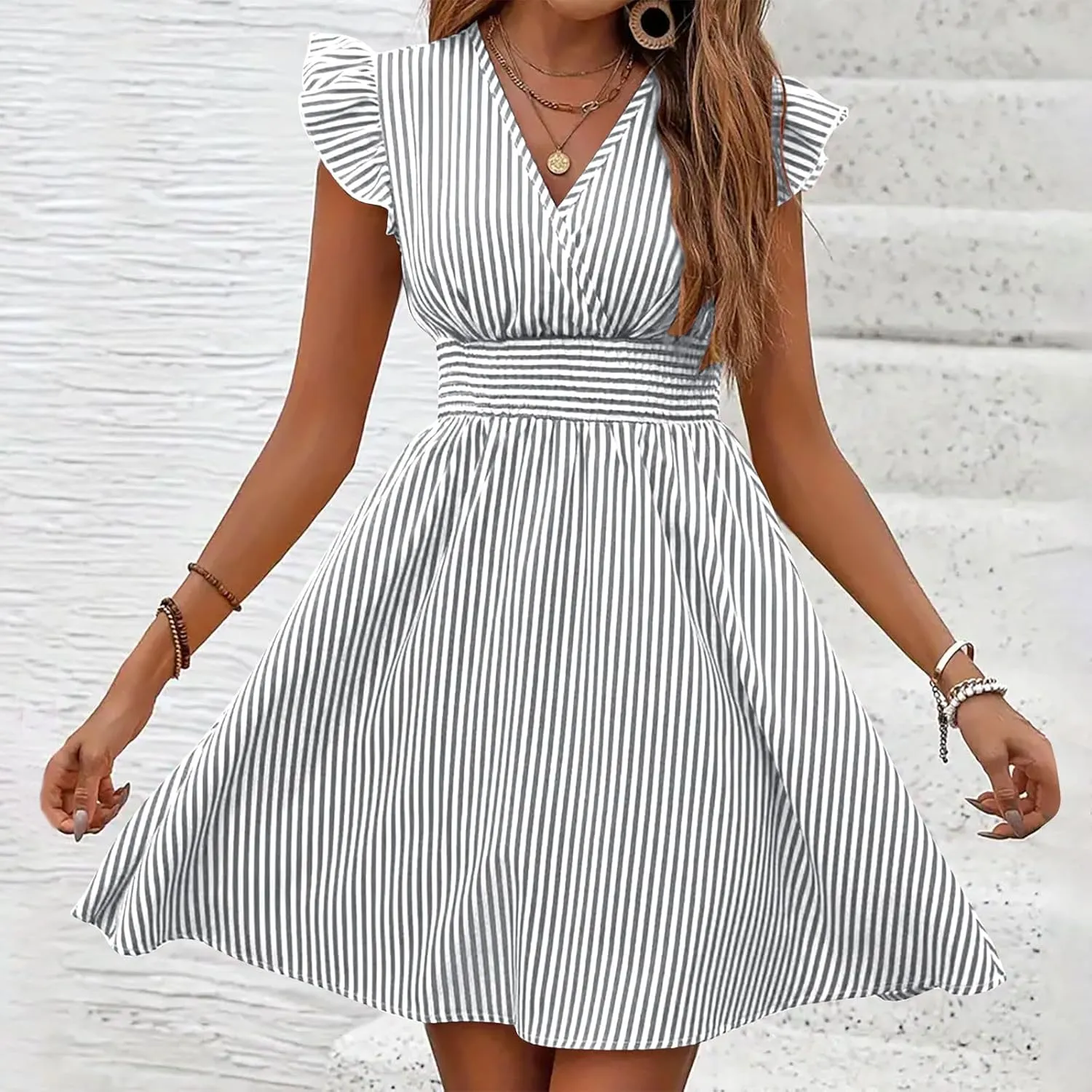 TANGNADE Women's Summer Midi Dress Striped Short Sleeve V Neck T Shirt Dresses Loose A Line Flowy Casual Beach Sundress
