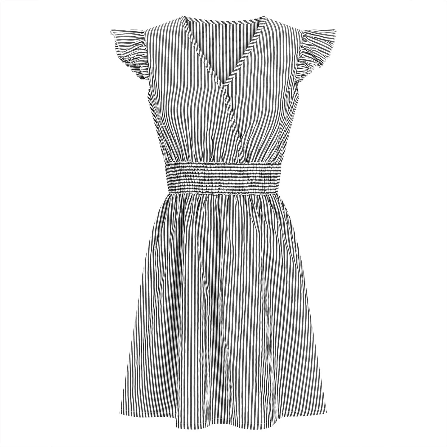 TANGNADE Women's Summer Midi Dress Striped Short Sleeve V Neck T Shirt Dresses Loose A Line Flowy Casual Beach Sundress