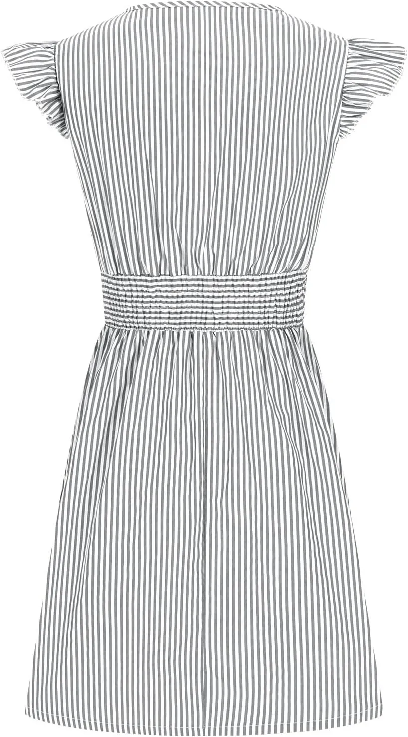 TANGNADE Women's Summer Midi Dress Striped Short Sleeve V Neck T Shirt Dresses Loose A Line Flowy Casual Beach Sundress
