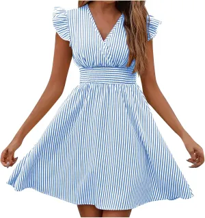 TANGNADE Women's Summer Midi Dress Striped Short Sleeve V Neck T Shirt Dresses Loose A Line Flowy Casual Beach Sundress