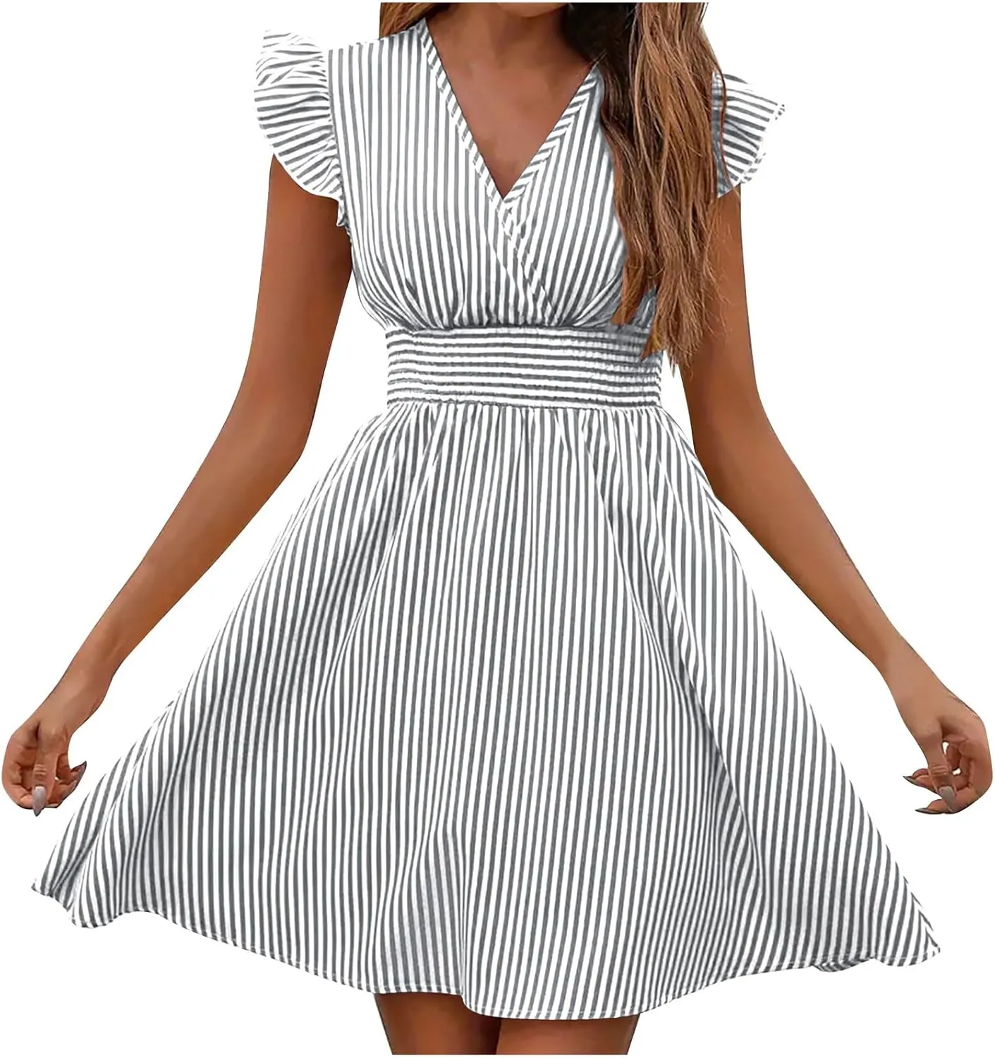 TANGNADE Women's Summer Midi Dress Striped Short Sleeve V Neck T Shirt Dresses Loose A Line Flowy Casual Beach Sundress