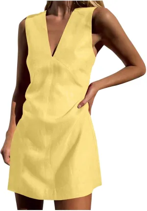 Tank Dresses for Women Summer Casual Loose Fit V Neck Sleeveless Sundress Trendy Solid Beach Vacation Mini Dress