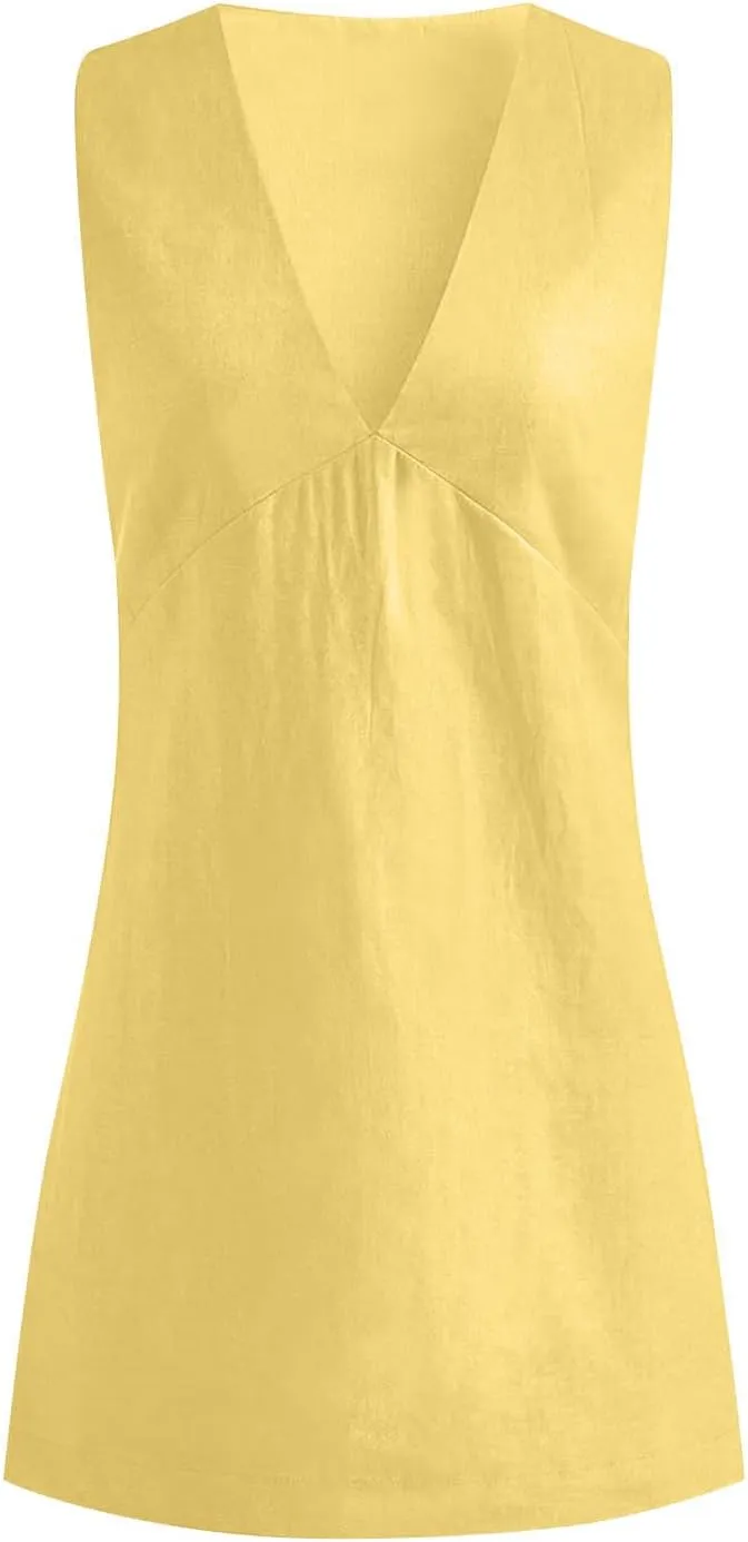 Tank Dresses for Women Summer Casual Loose Fit V Neck Sleeveless Sundress Trendy Solid Beach Vacation Mini Dress