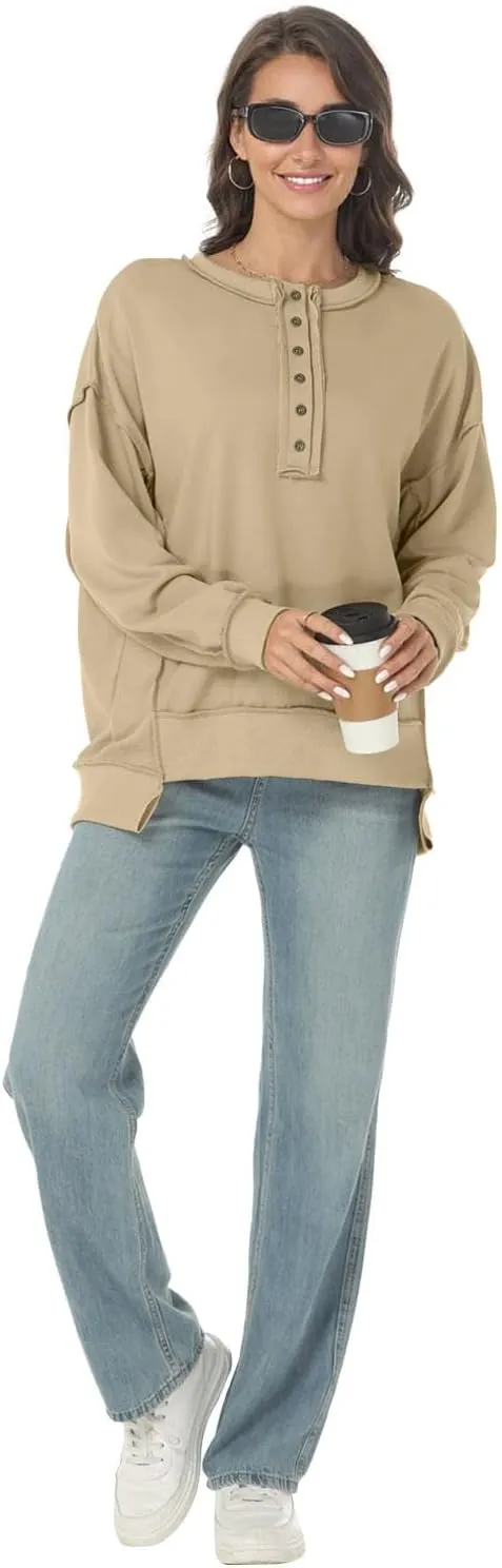 Tanou Women's 2024 Oversized Sweatshirts Long Sleeve Button Up Hoodies Henley V Neck Casual Pullover Hooded Tunic