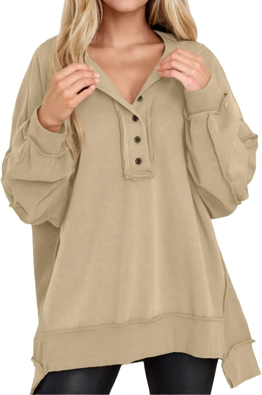 Tanou Women's 2024 Oversized Sweatshirts Long Sleeve Button Up Hoodies Henley V Neck Casual Pullover Hooded Tunic
