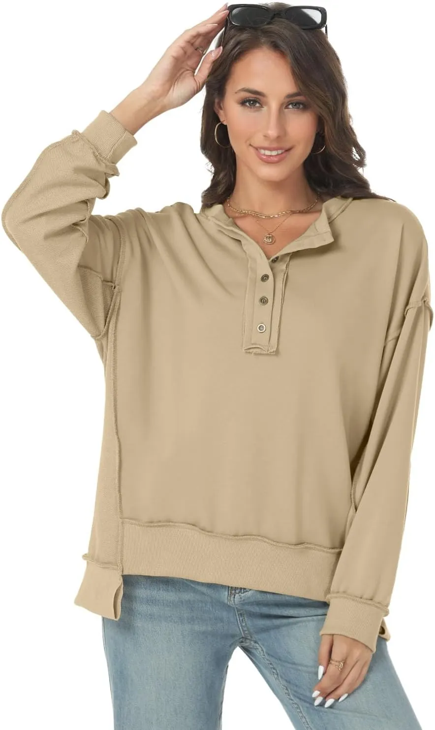 Tanou Women's 2024 Oversized Sweatshirts Long Sleeve Button Up Hoodies Henley V Neck Casual Pullover Hooded Tunic