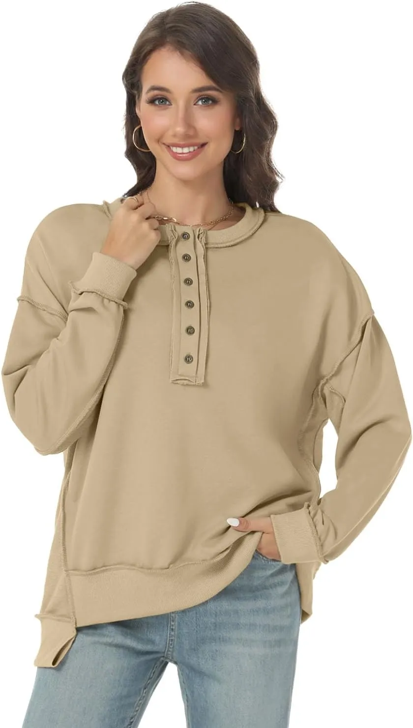 Tanou Women's 2024 Oversized Sweatshirts Long Sleeve Button Up Hoodies Henley V Neck Casual Pullover Hooded Tunic