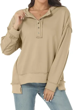 Tanou Women's 2024 Oversized Sweatshirts Long Sleeve Button Up Hoodies Henley V Neck Casual Pullover Hooded Tunic