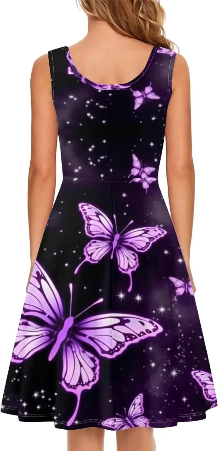 TOADDITDO Women's Sleeveless O Neck Beach A-Line Party Coctail Tank Dresses Flared Sundress
