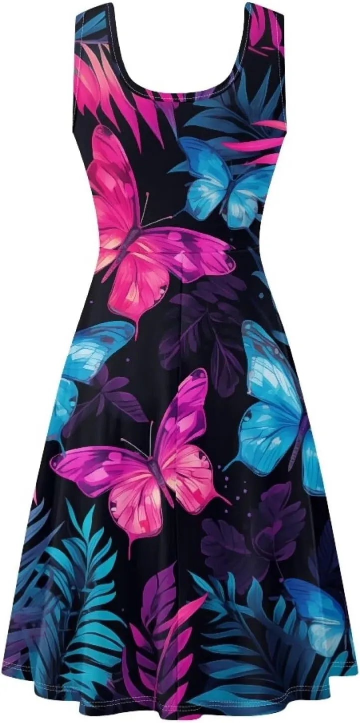TOADDITDO Women's Sleeveless O Neck Beach A-Line Party Coctail Tank Dresses Flared Sundress