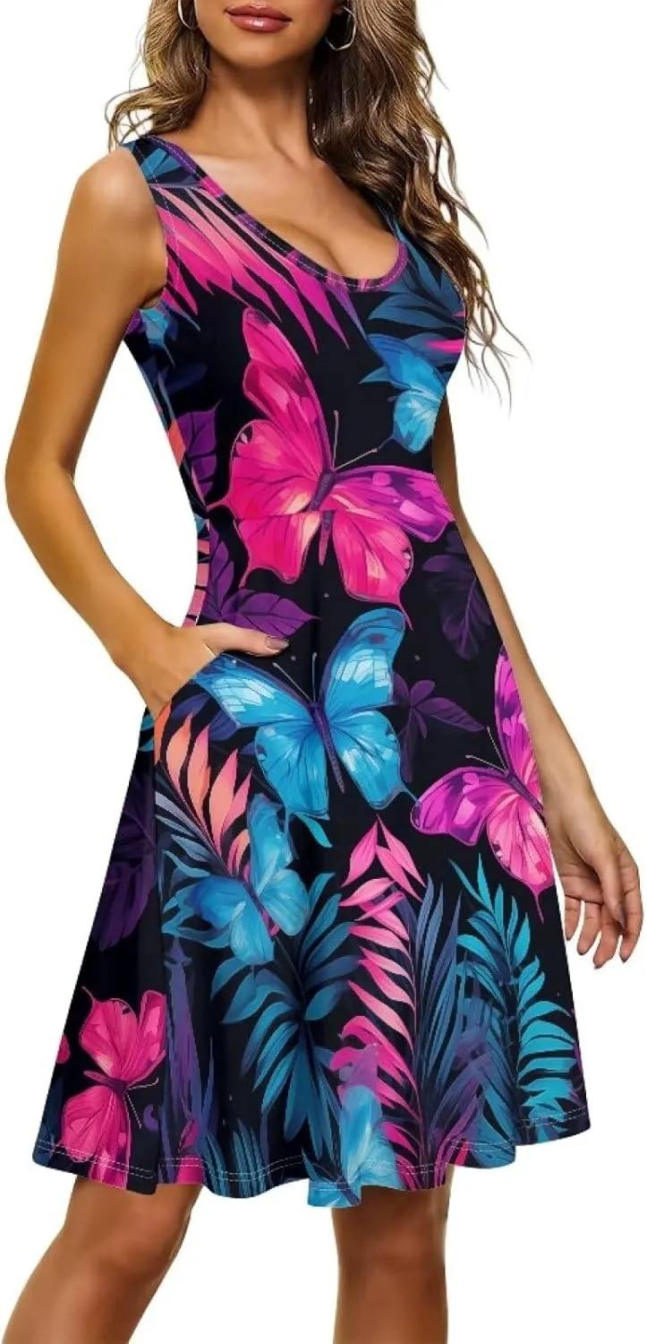 TOADDITDO Women's Sleeveless O Neck Beach A-Line Party Coctail Tank Dresses Flared Sundress