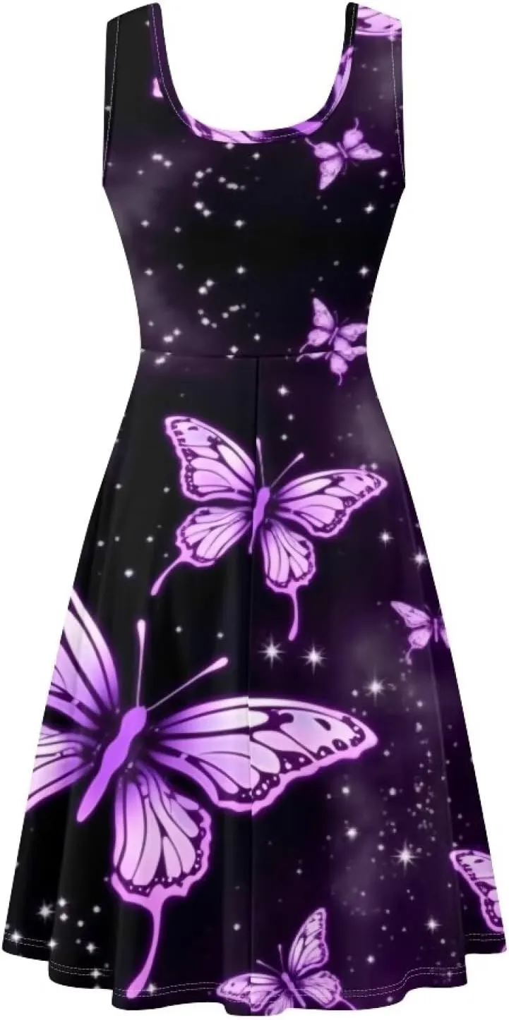 TOADDITDO Women's Sleeveless O Neck Beach A-Line Party Coctail Tank Dresses Flared Sundress
