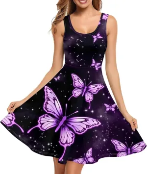 TOADDITDO Women's Sleeveless O Neck Beach A-Line Party Coctail Tank Dresses Flared Sundress