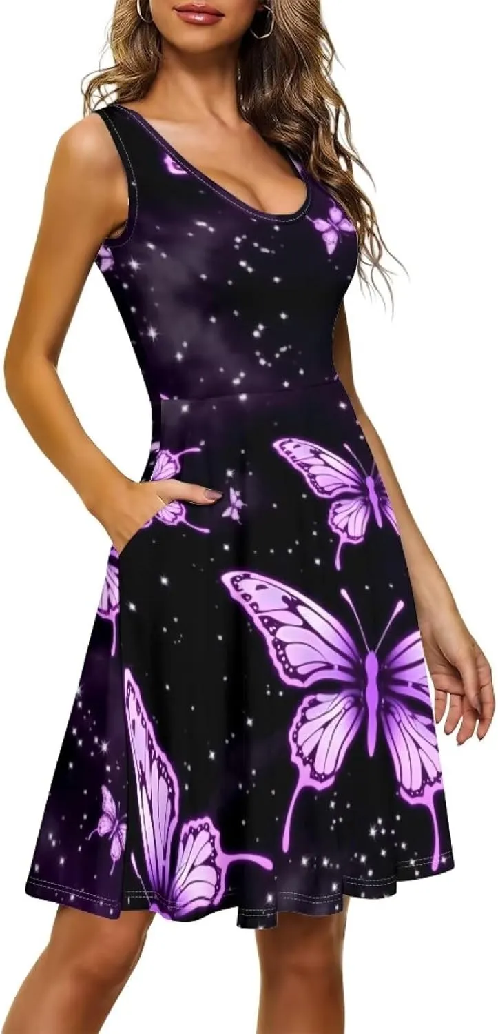 TOADDITDO Women's Sleeveless O Neck Beach A-Line Party Coctail Tank Dresses Flared Sundress
