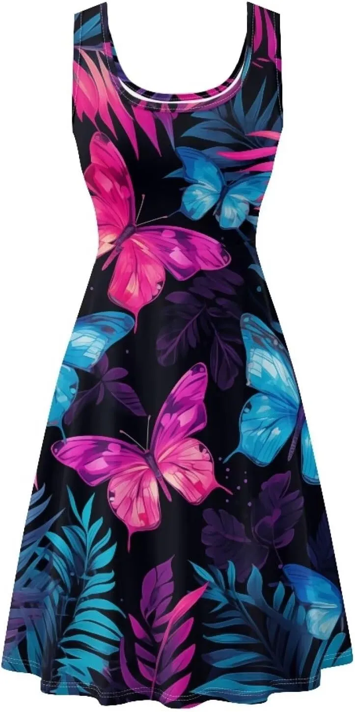 TOADDITDO Women's Sleeveless O Neck Beach A-Line Party Coctail Tank Dresses Flared Sundress