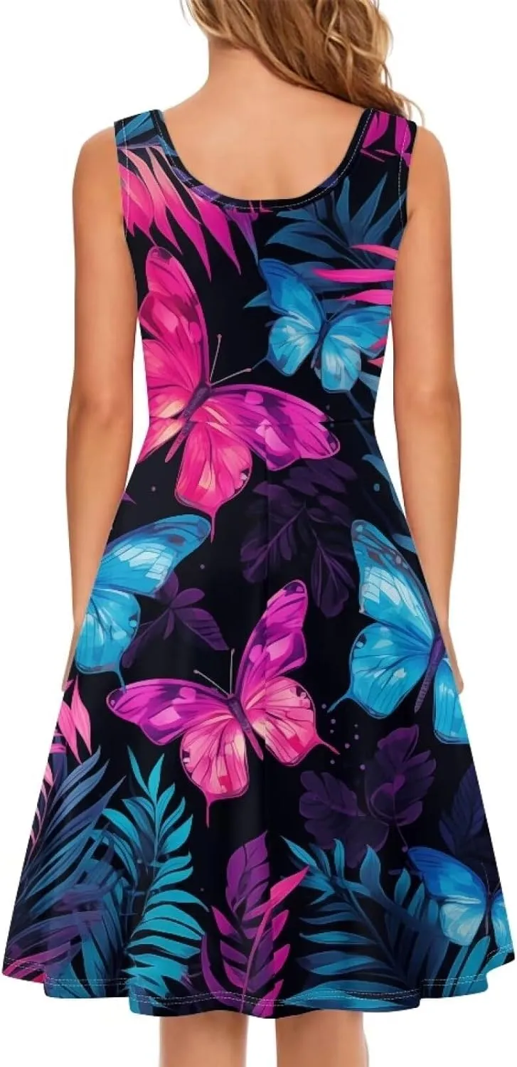 TOADDITDO Women's Sleeveless O Neck Beach A-Line Party Coctail Tank Dresses Flared Sundress