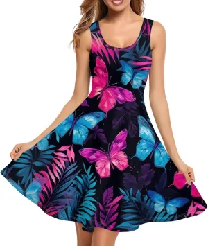 TOADDITDO Women's Sleeveless O Neck Beach A-Line Party Coctail Tank Dresses Flared Sundress